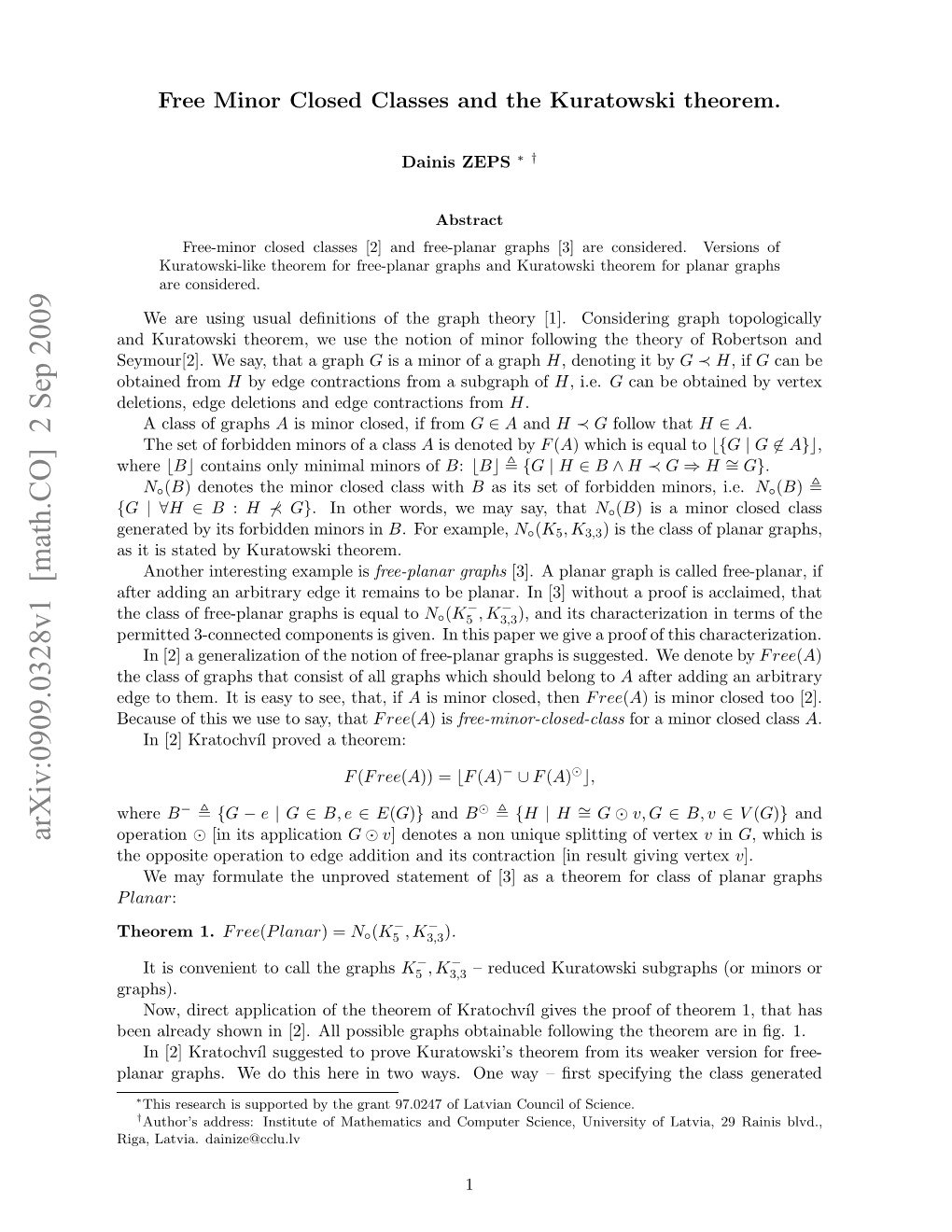 Free Minor Closed Classes and the Kuratowski Theorem