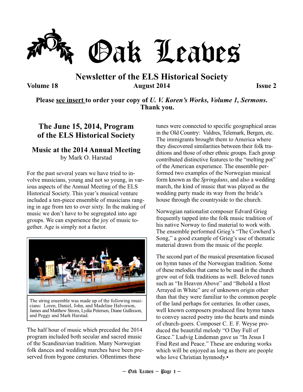 Newsletter of the ELS Historical Society Volume 18 August 2014 Issue 2