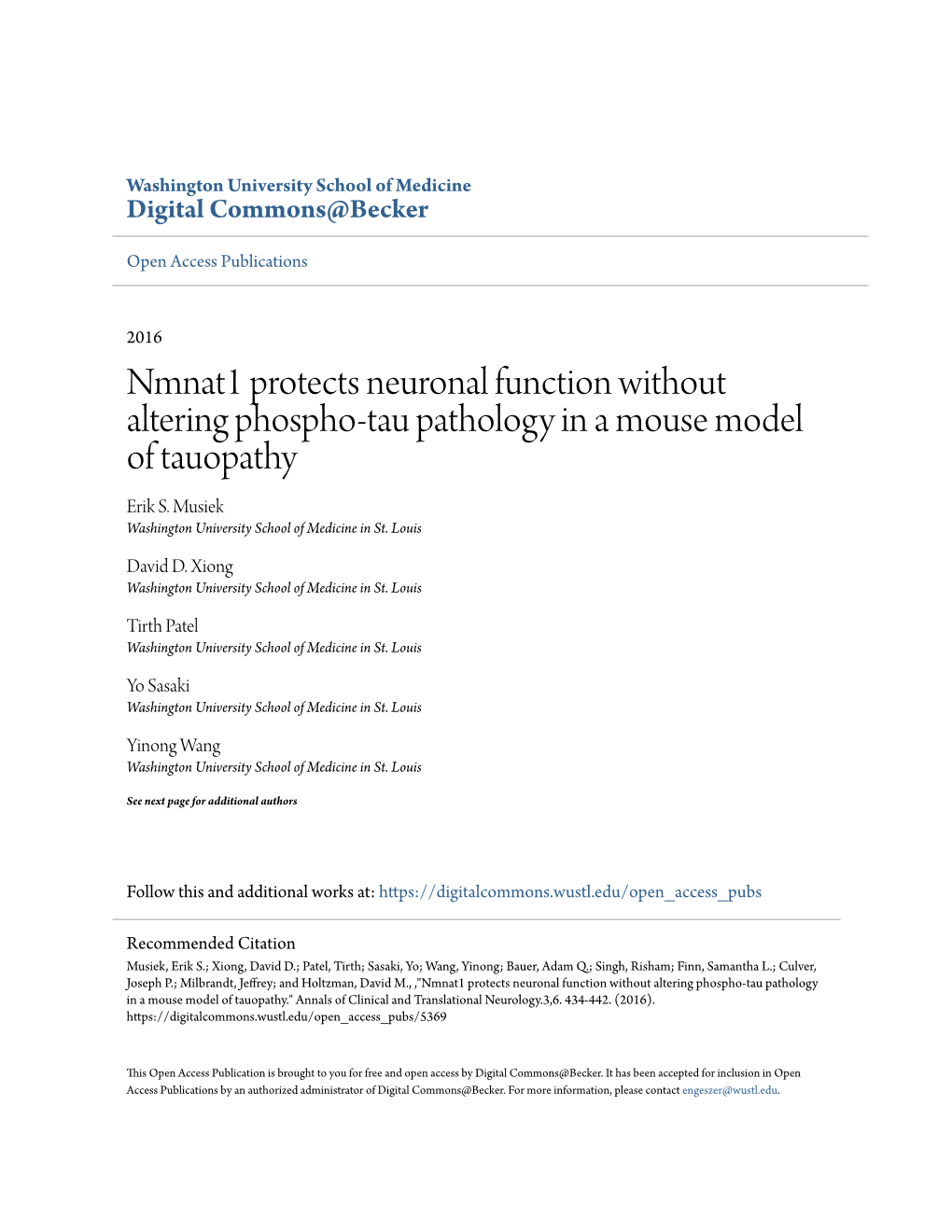 Nmnat1 Protects Neuronal Function Without Altering Phospho-Tau Pathology in a Mouse Model of Tauopathy Erik S