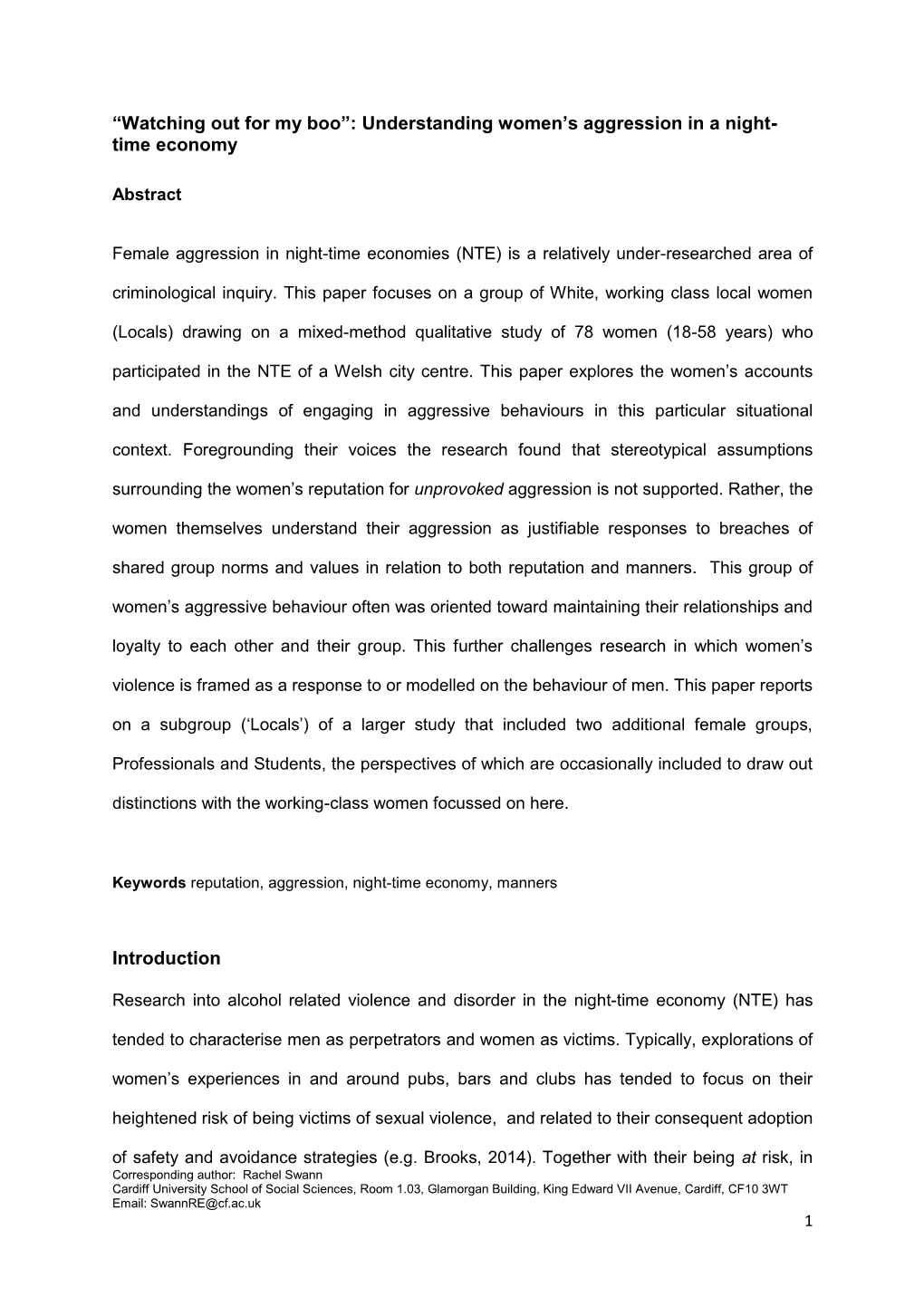 Understanding Women's Aggression in a Night- Time Economy Introduction