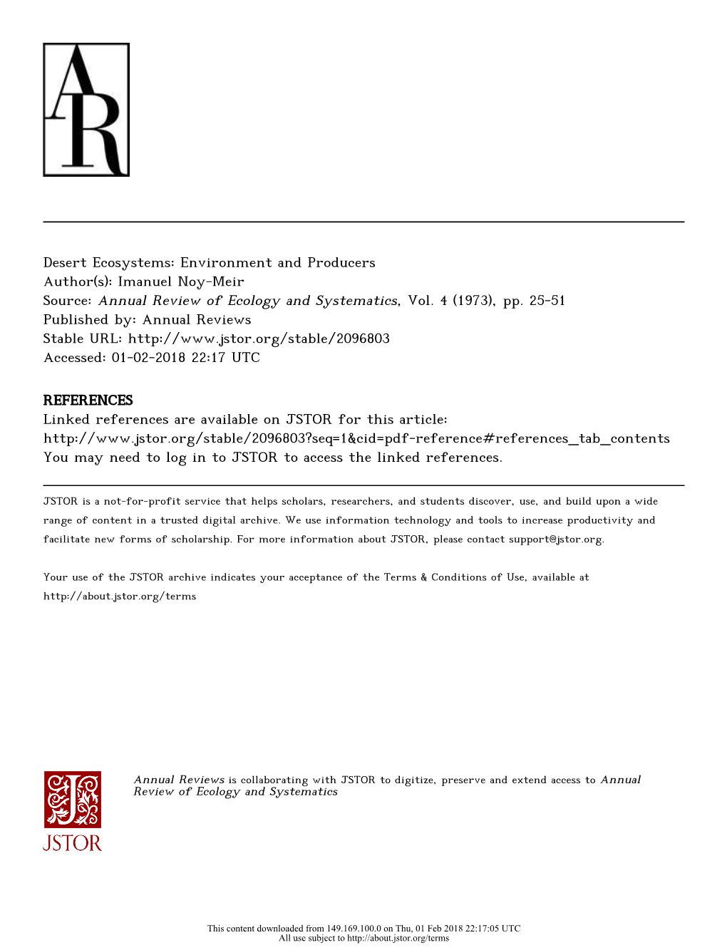 Desert Ecosystems: Environment and Producers Author(S): Imanuel Noy-Meir Source: Annual Review of Ecology and Systematics, Vol