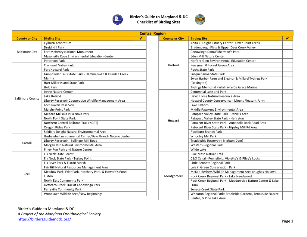 Page 1 Birder's Guide to Maryland & DC Checklist of Birding Sites