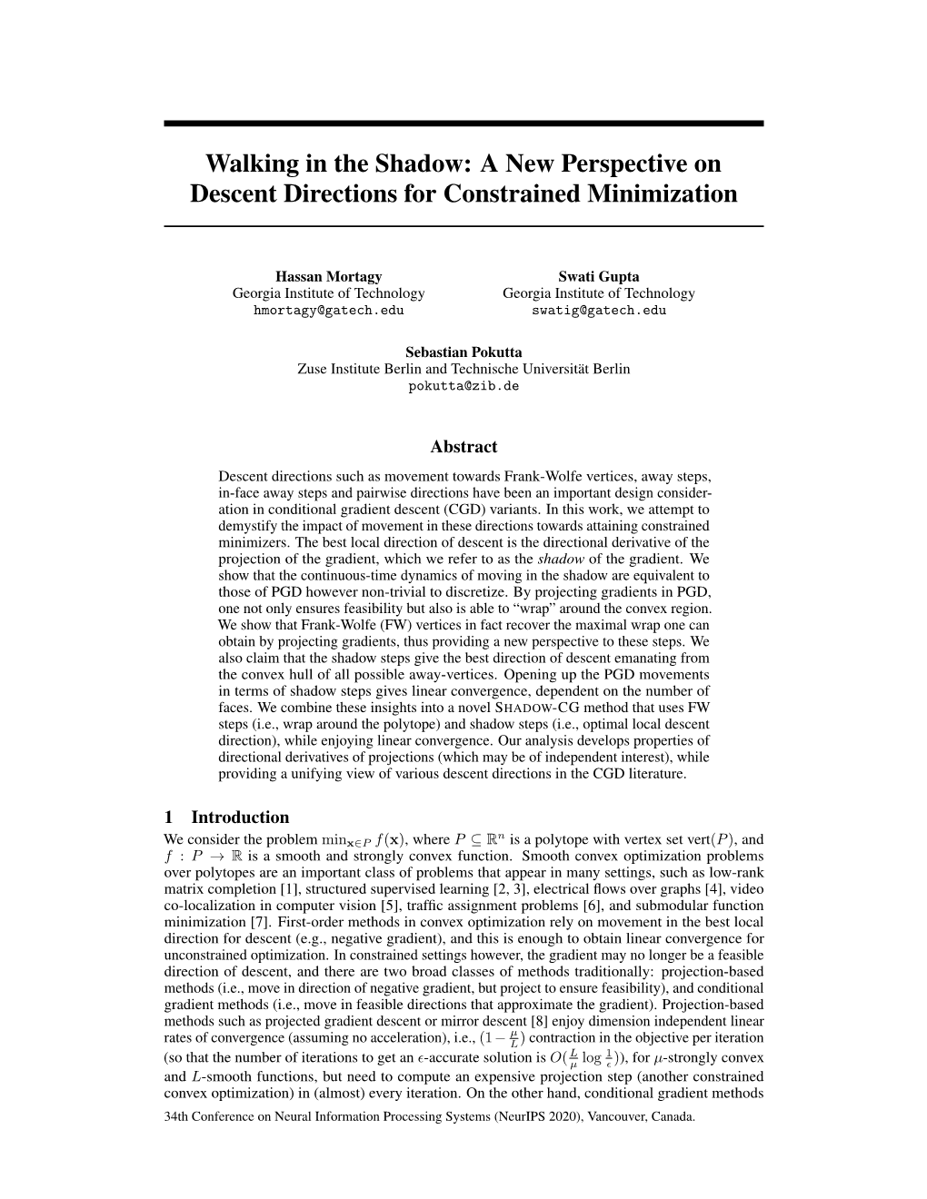 Walking in the Shadow: a New Perspective on Descent Directions for Constrained Minimization