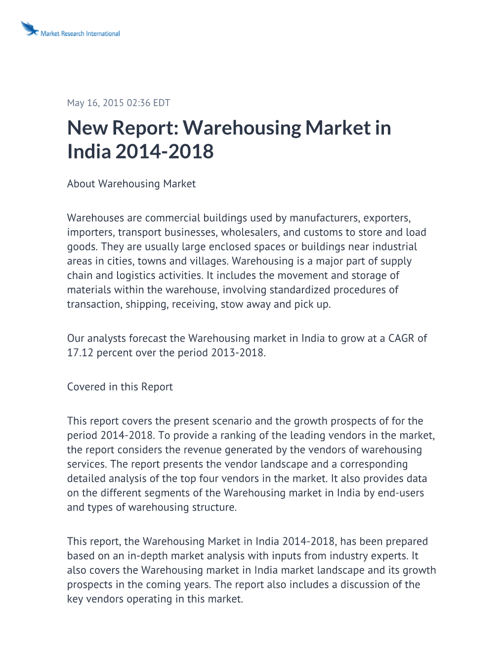 Warehousing Market in India 2014-2018