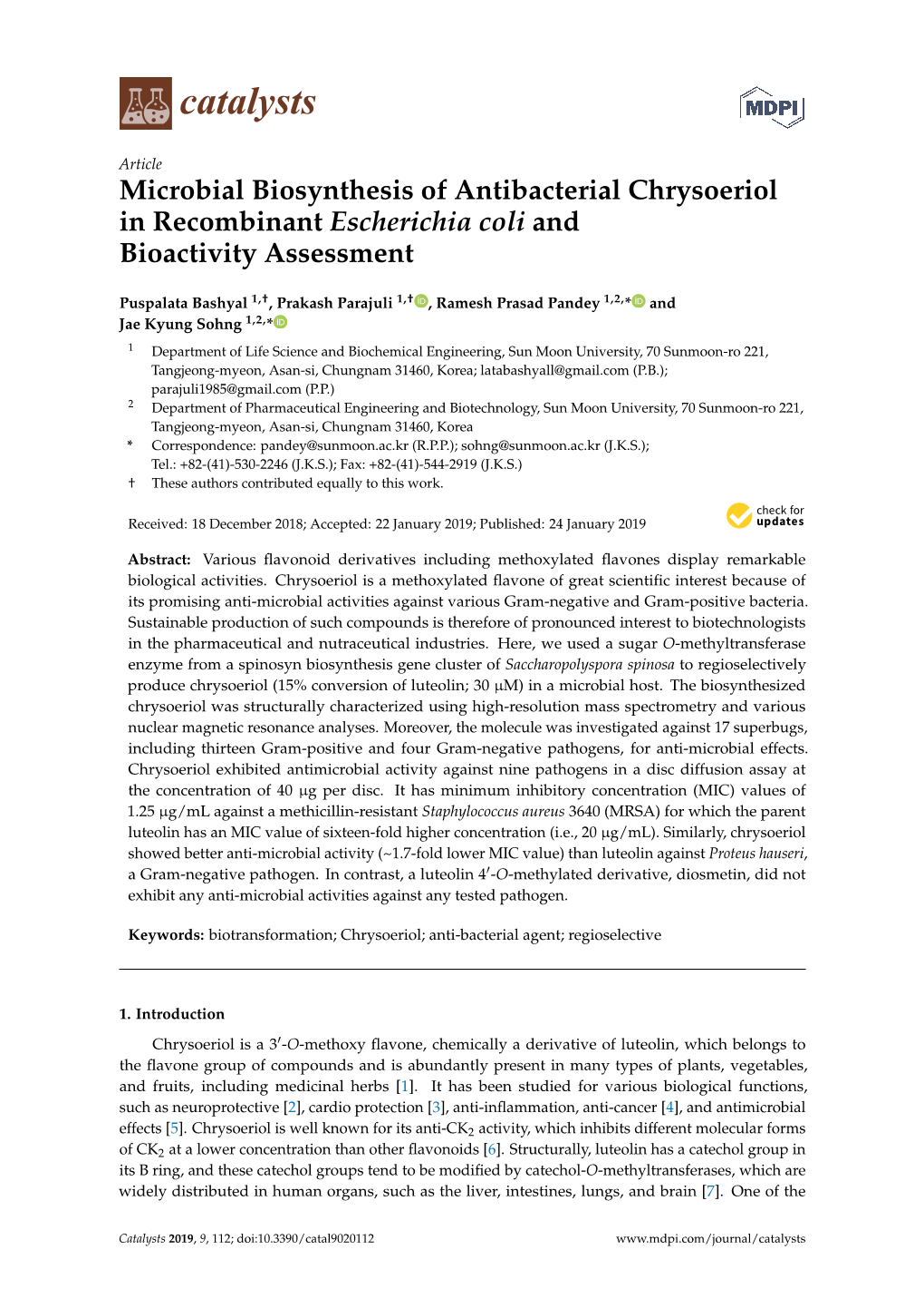 Microbial Biosynthesis of Antibacterial Chrysoeriol in Recombinant Escherichia Coli and Bioactivity Assessment