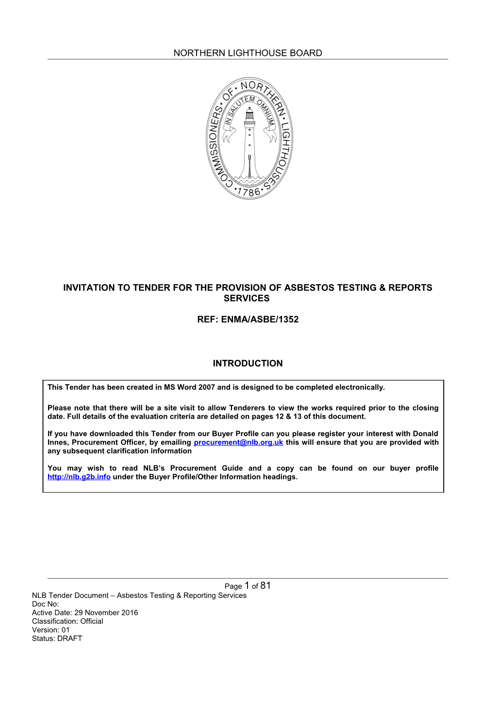 Invitation to Tender for the Provision of Asbestos Testing & Reports Services