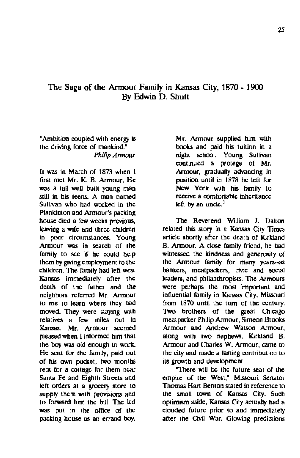 The Saga Or the Armour Family in Kansas City, 1870 - 1900 La, '986), 2-3