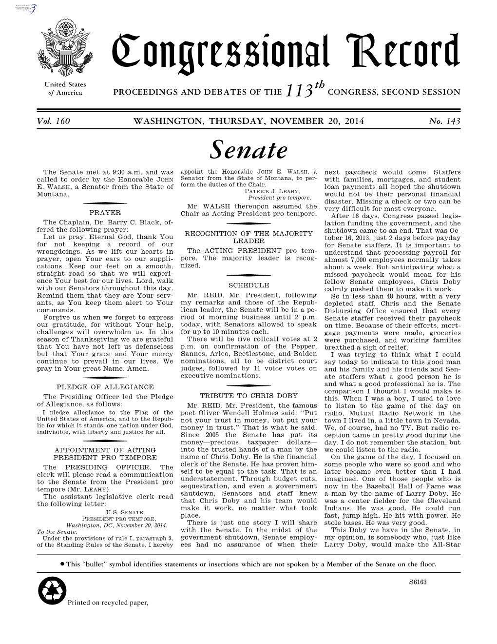 Congressional Record United States Th of America PROCEEDINGS and DEBATES of the 113 CONGRESS, SECOND SESSION