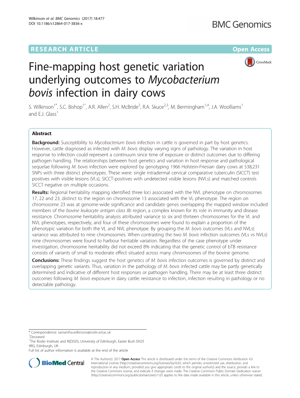 Fine-Mapping Host Genetic Variation Underlying Outcomes to Mycobacterium Bovis Infection in Dairy Cows S