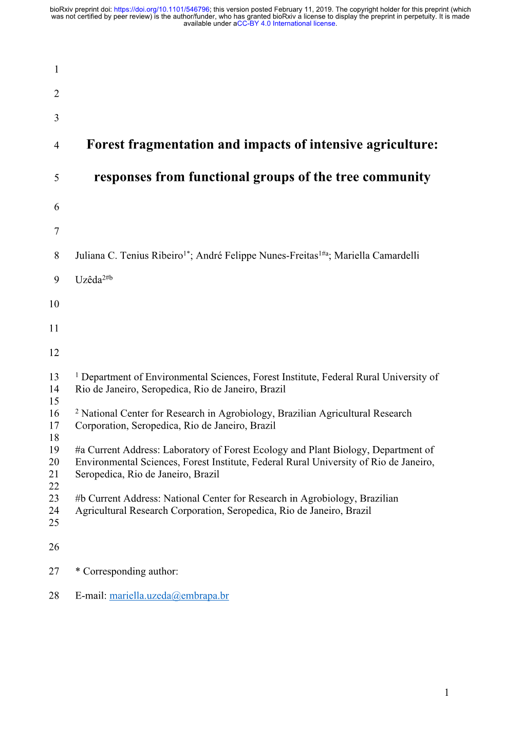 Forest Fragmentation and Impacts of Intensive Agriculture