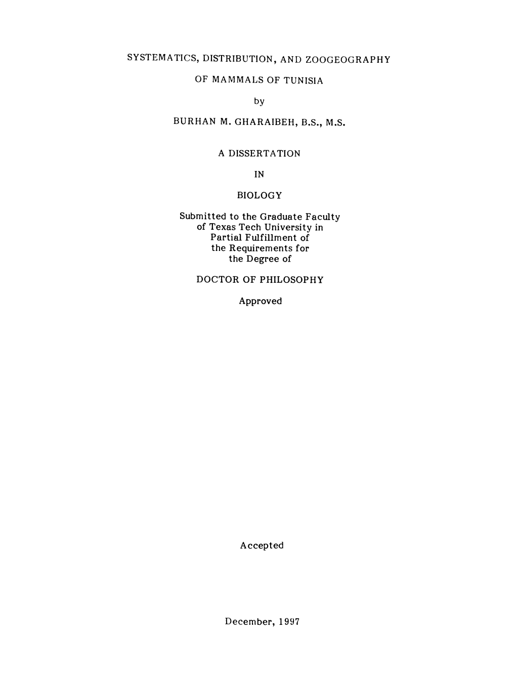 Systematics, Distribution, and Zoogeography of Mammals of Tunisia