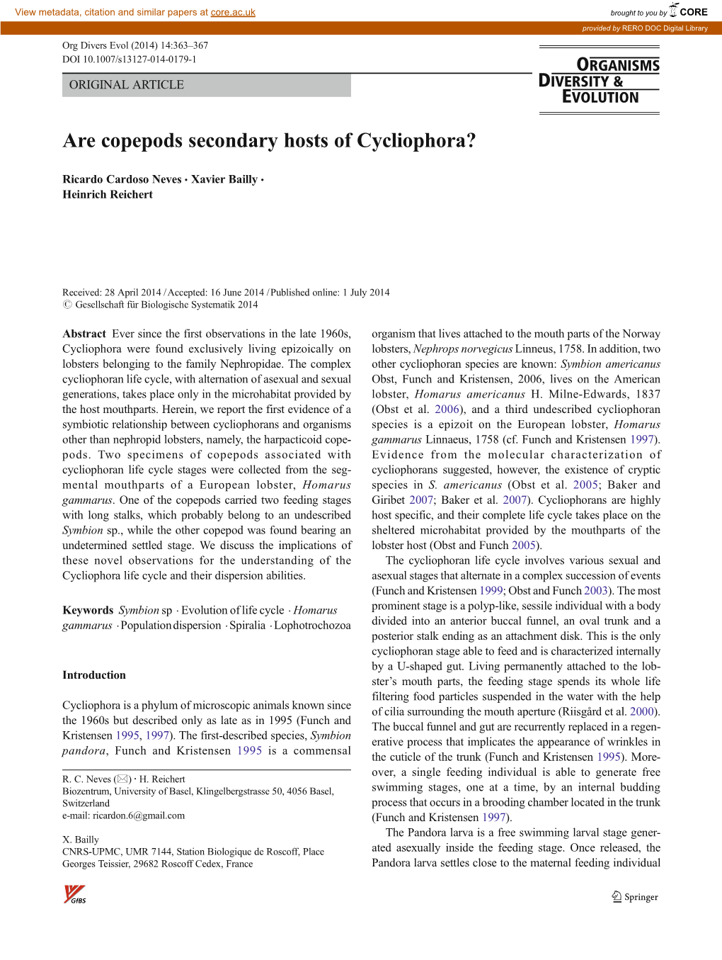 Are Copepods Secondary Hosts of Cycliophora?