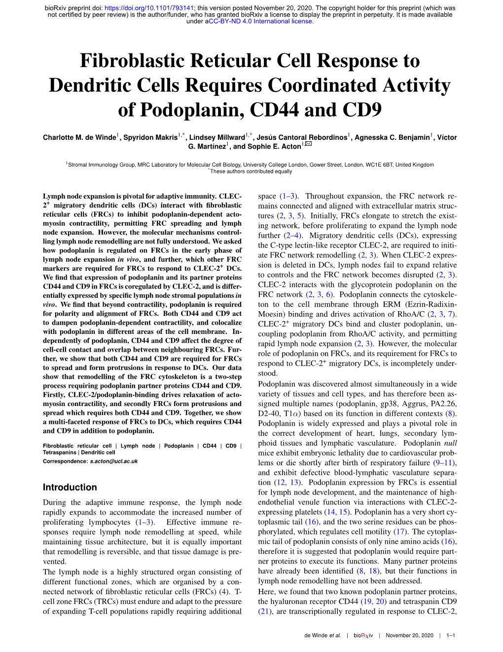 Fibroblastic Reticular Cell Response to Dendritic Cells Requires Coordinated Activity of Podoplanin, CD44 and CD9