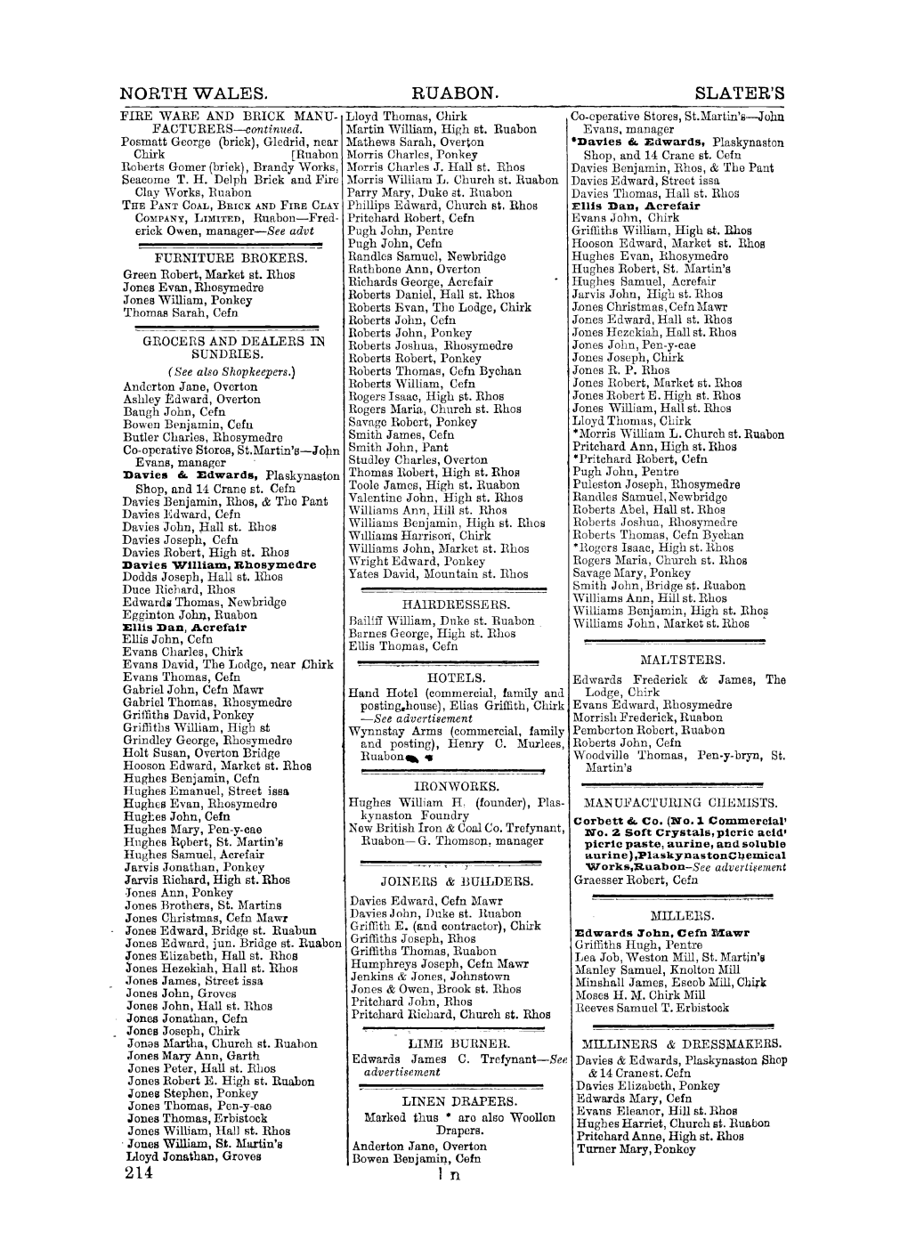 NORTH WALES. RUABON. SLATER's FIRE WARE and BRICK MANU­ Lloyd Thomas, Chirk Co-Operative Stores, St.Martin's-John F ACTDRERS Contin1ted