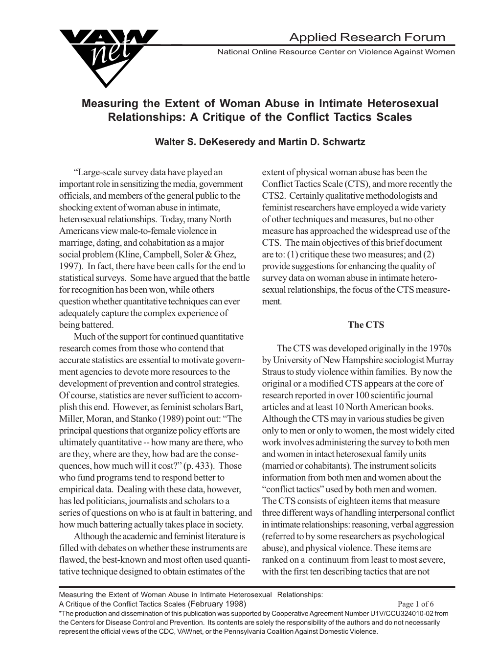 Measuring the Extent of Woman Abuse in Intimate Heterosexual Relationships: a Critique of the Conflict Tactics Scales