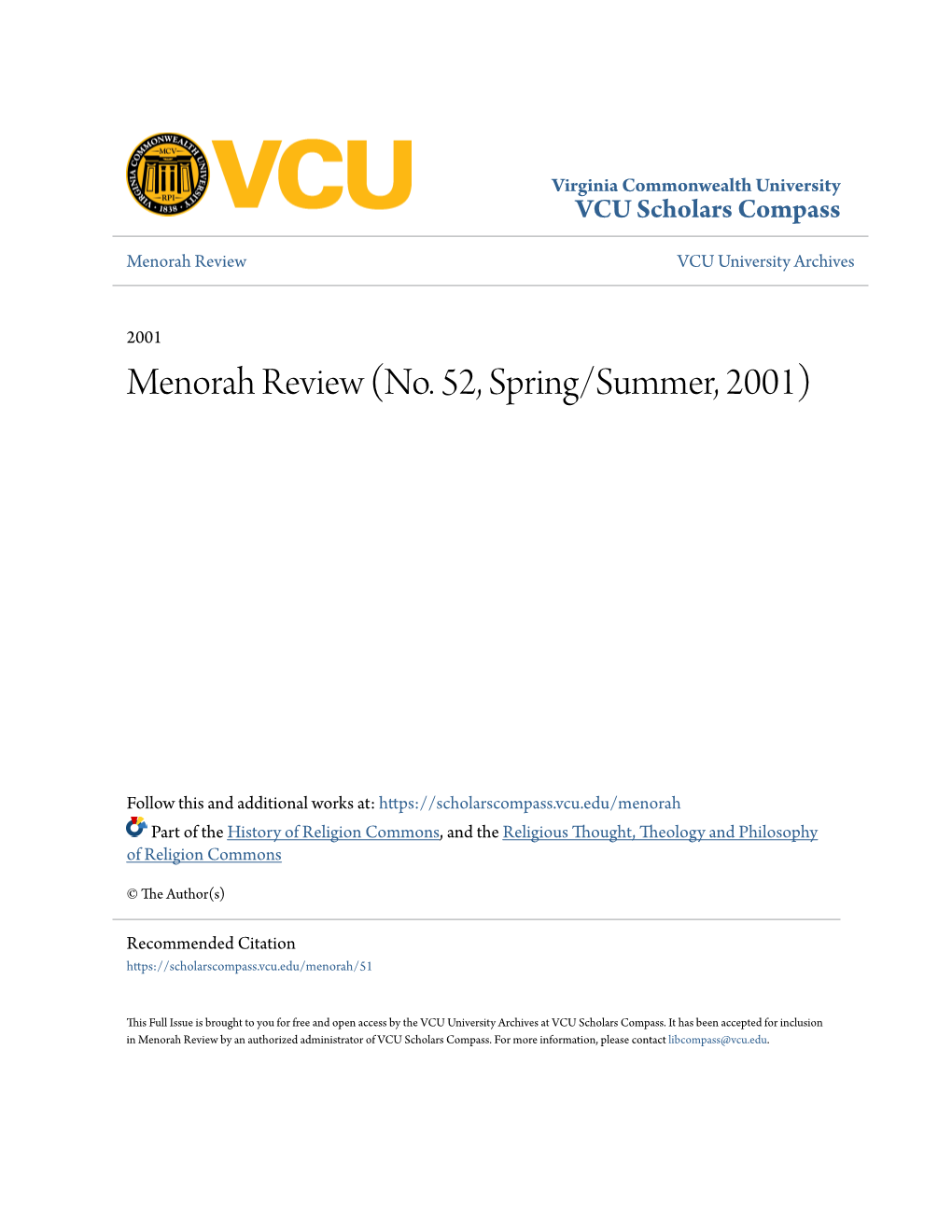Menorah Review (No. 52, Spring/Summer, 2001)