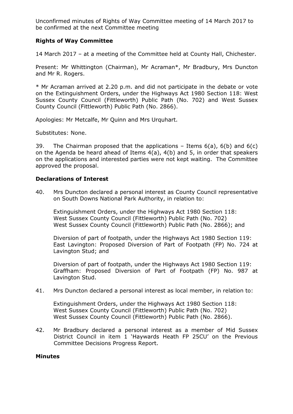 Unconfirmed Minutes Rights of Way Committee 14 March 2017