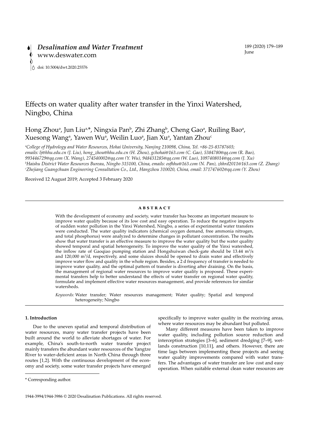 Effects on Water Quality After Water Transfer in the Yinxi Watershed, Ningbo, China