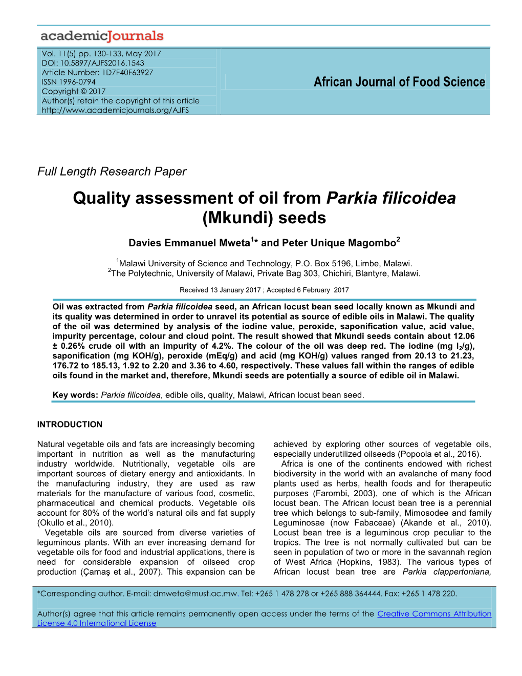 Quality Assessment of Oil from Parkia Filicoidea (Mkundi) Seeds