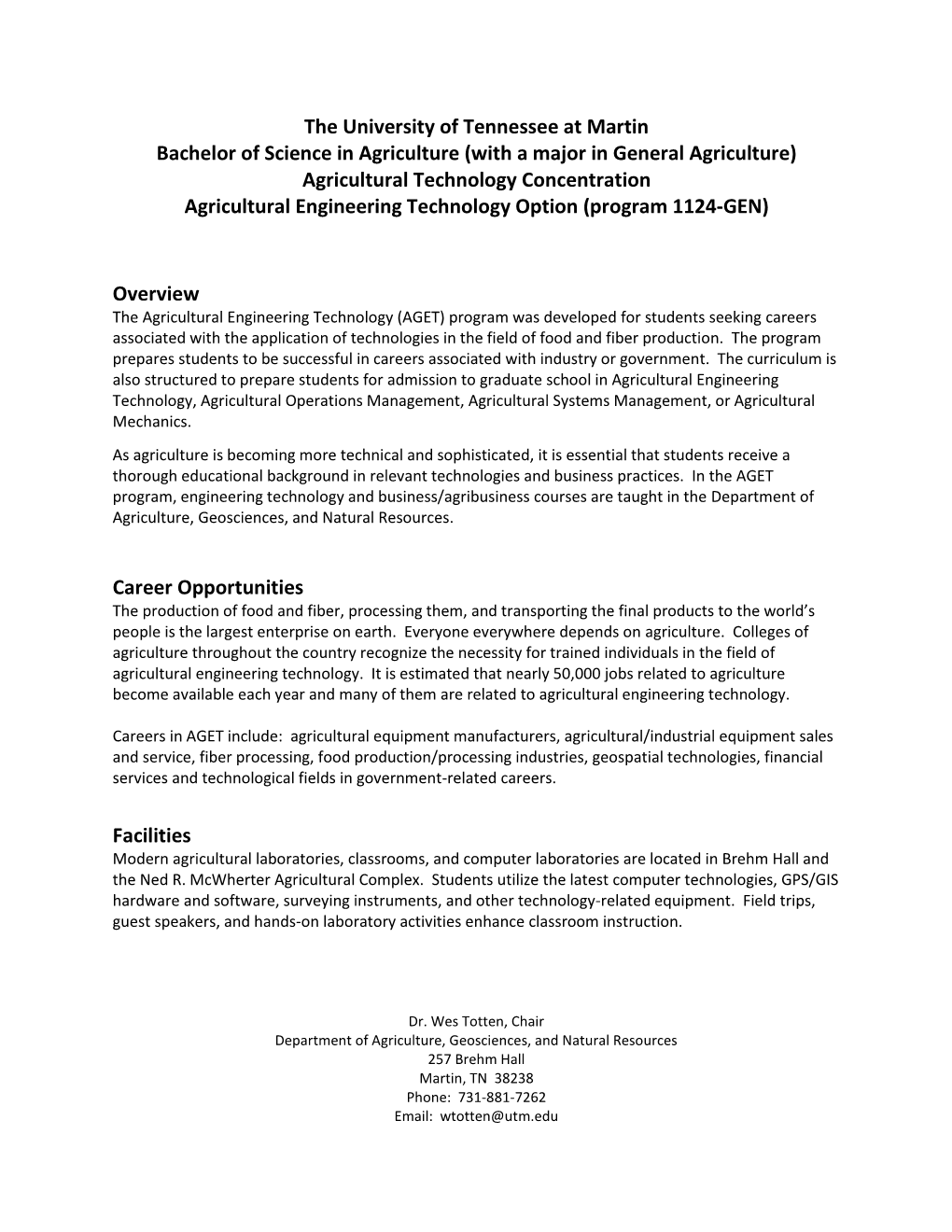 Agricultural Engineering Technology Option (Program 1124-GEN)