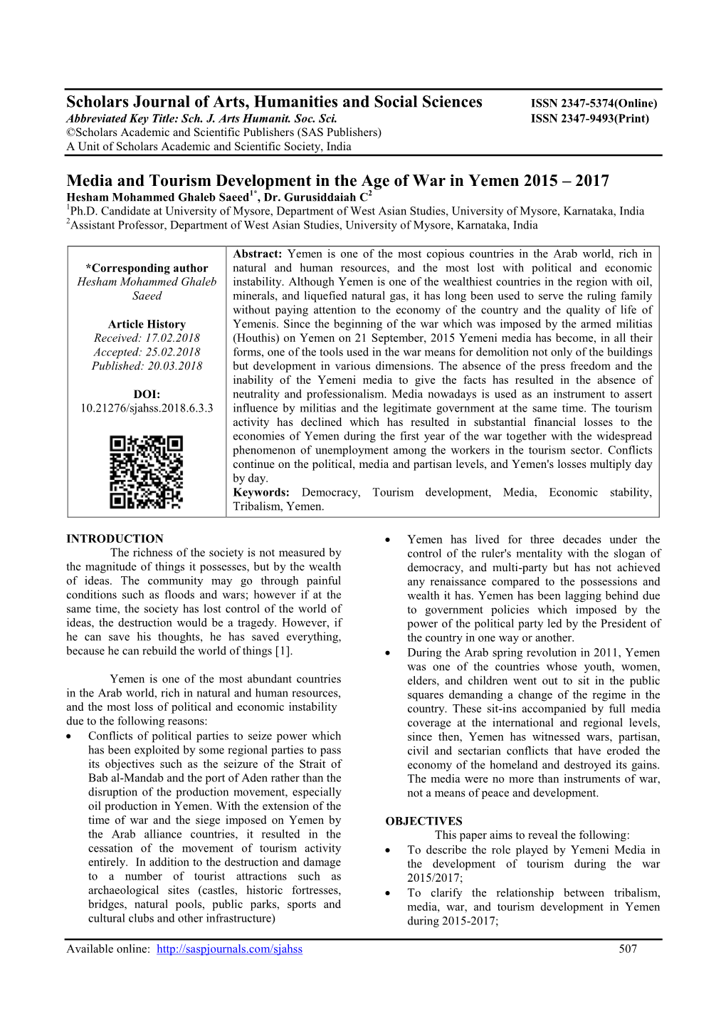 Media and Tourism Development in the Age of War in Yemen 2015 – 2017 Hesham Mohammed Ghaleb Saeed1*, Dr