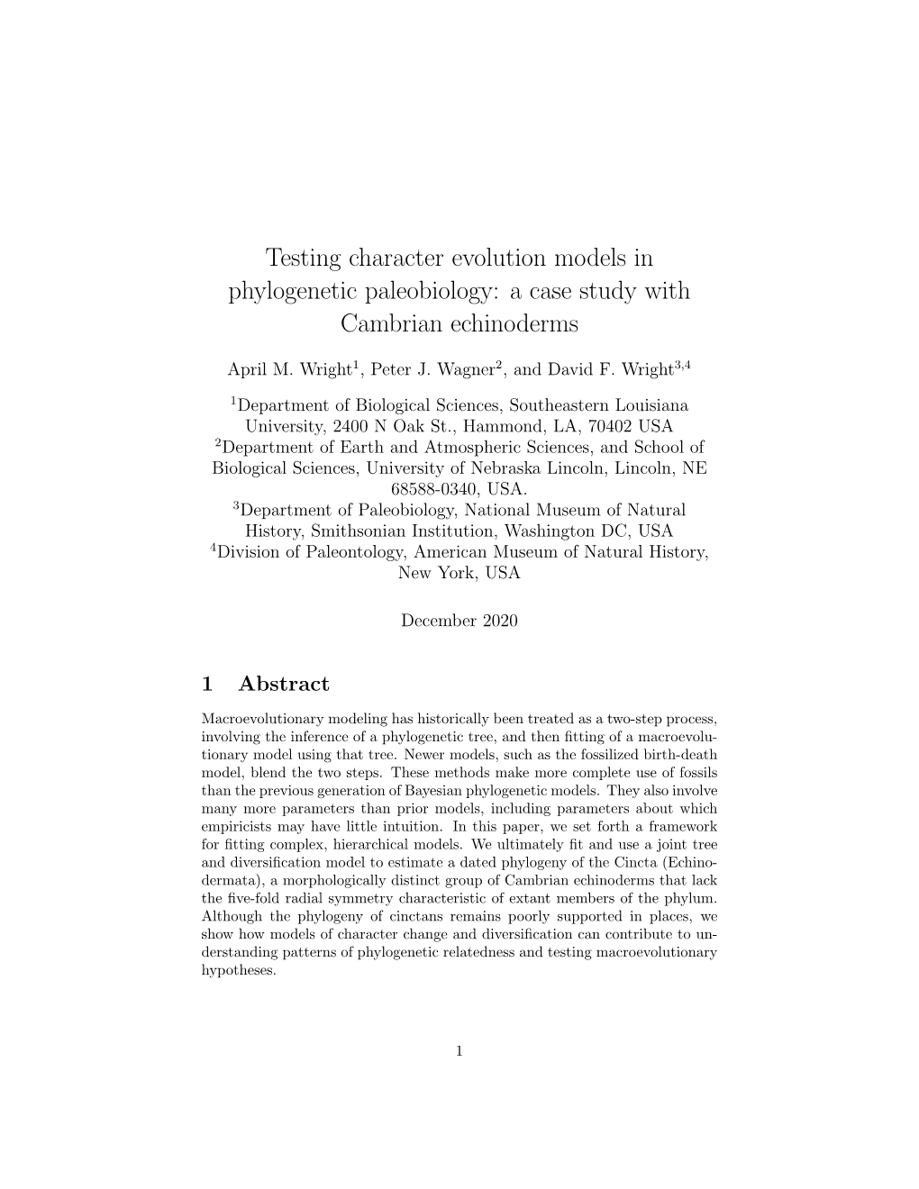 Testing Character Evolution Models in Phylogenetic Paleobiology: a Case Study with Cambrian Echinoderms