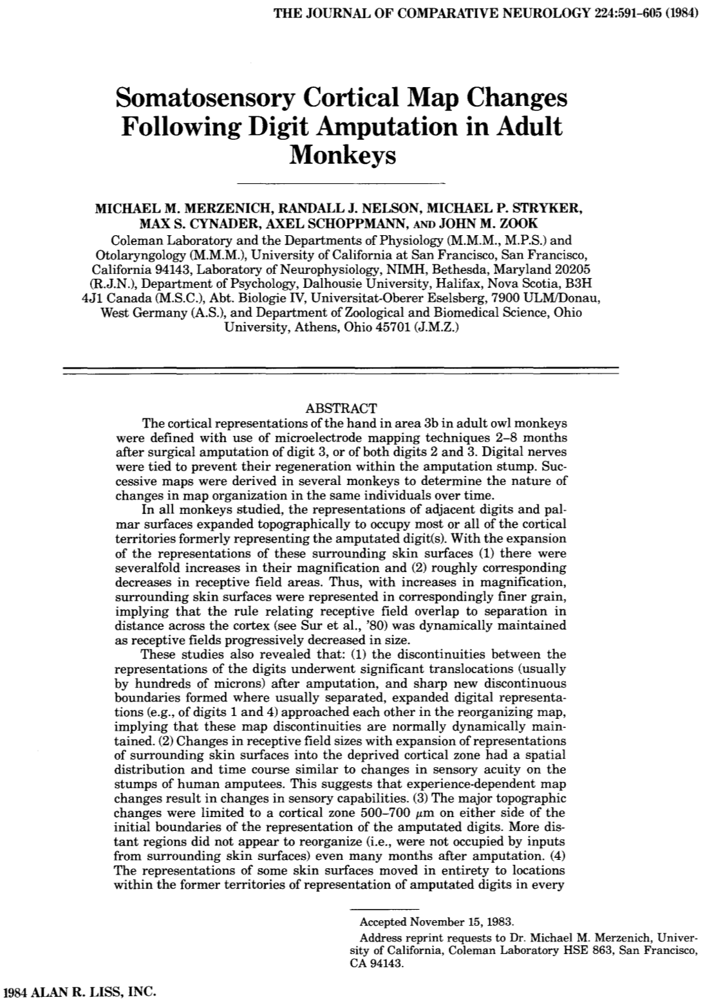 Somatosensory Cortical Map Changes Following Digit Amputation in Adult Monkeys