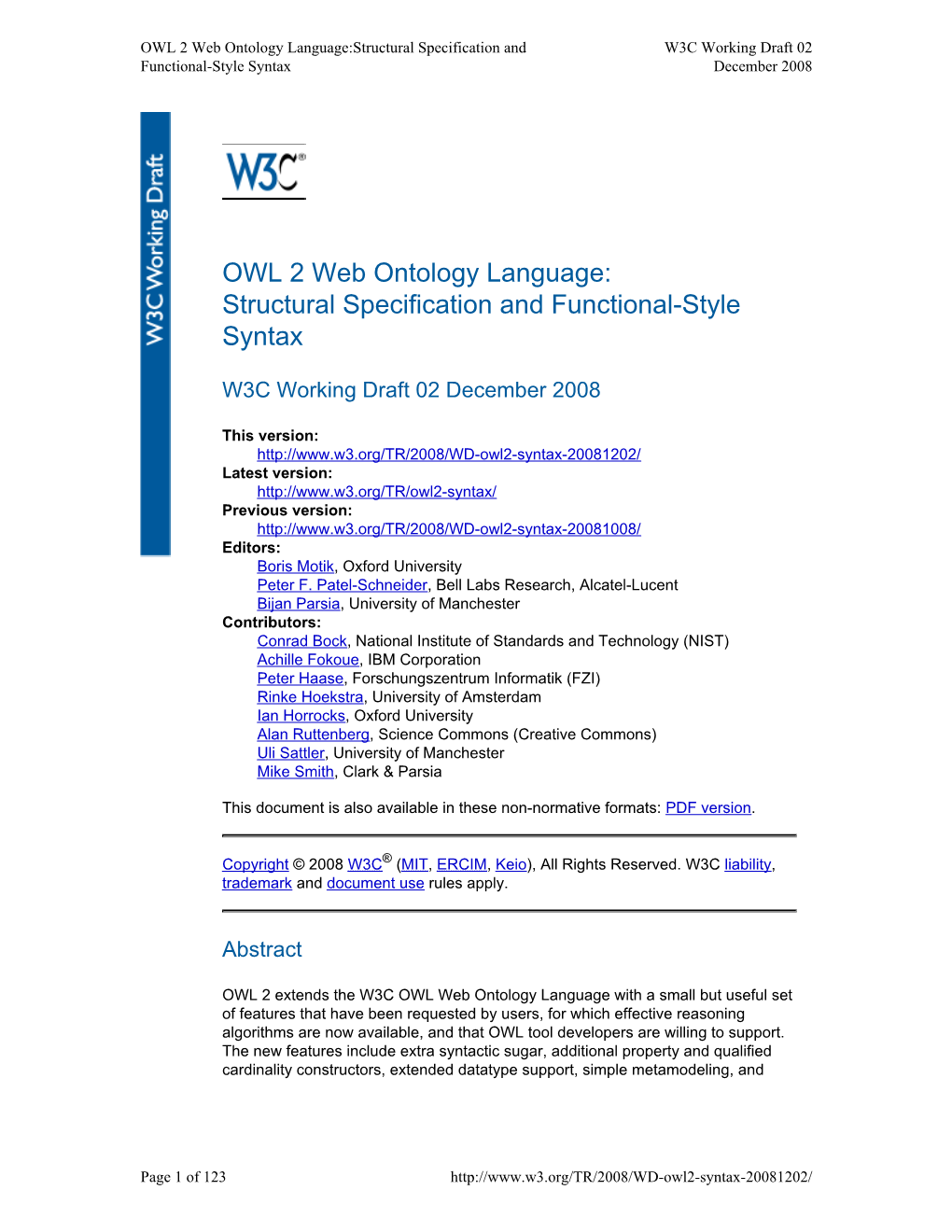 OWL 2 Web Ontology Language:Structural Specification and W3C Working Draft 02 Functional-Style Syntax December 2008