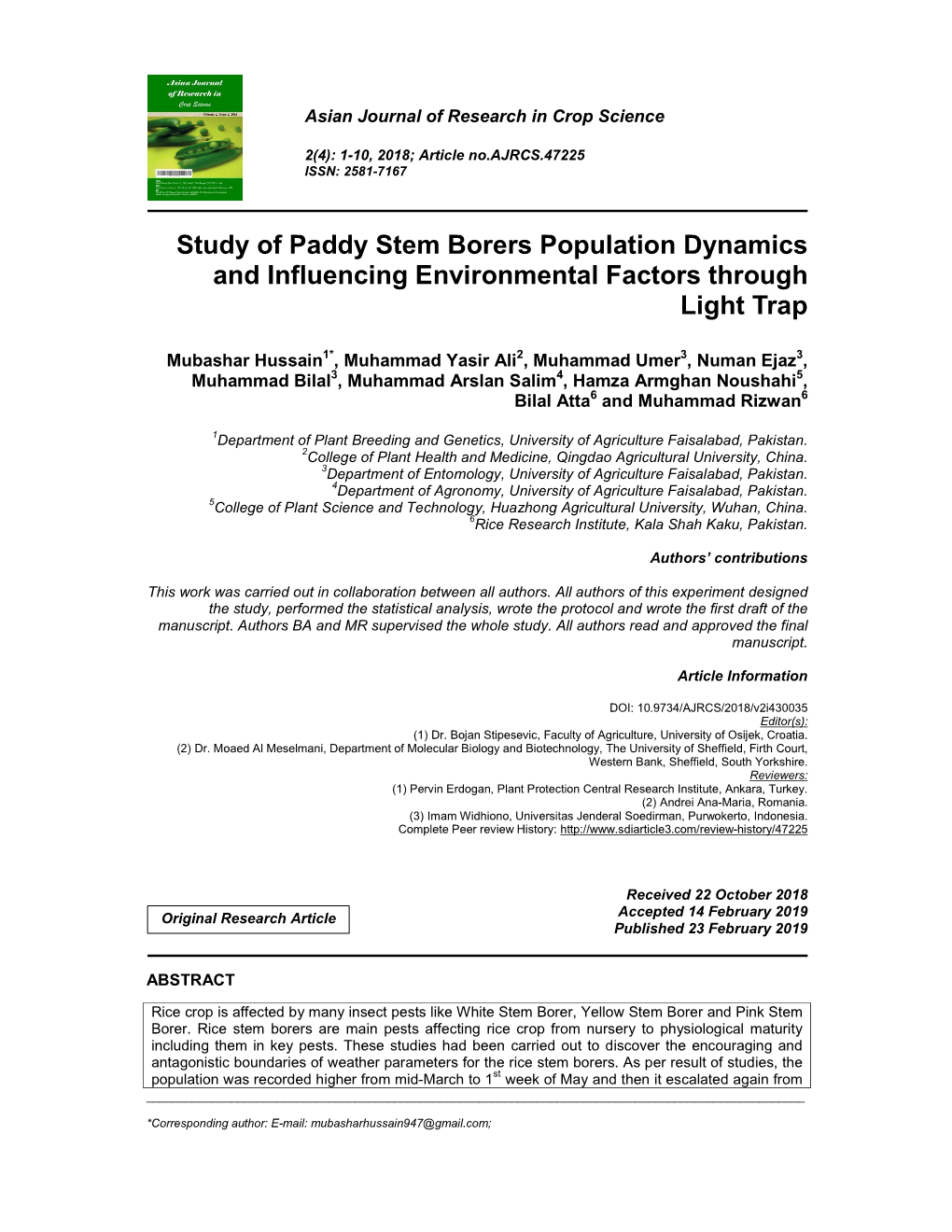 Study of Paddy Stem Borers Population Dynamics and Influencing Environmental Factors Through Light Trap