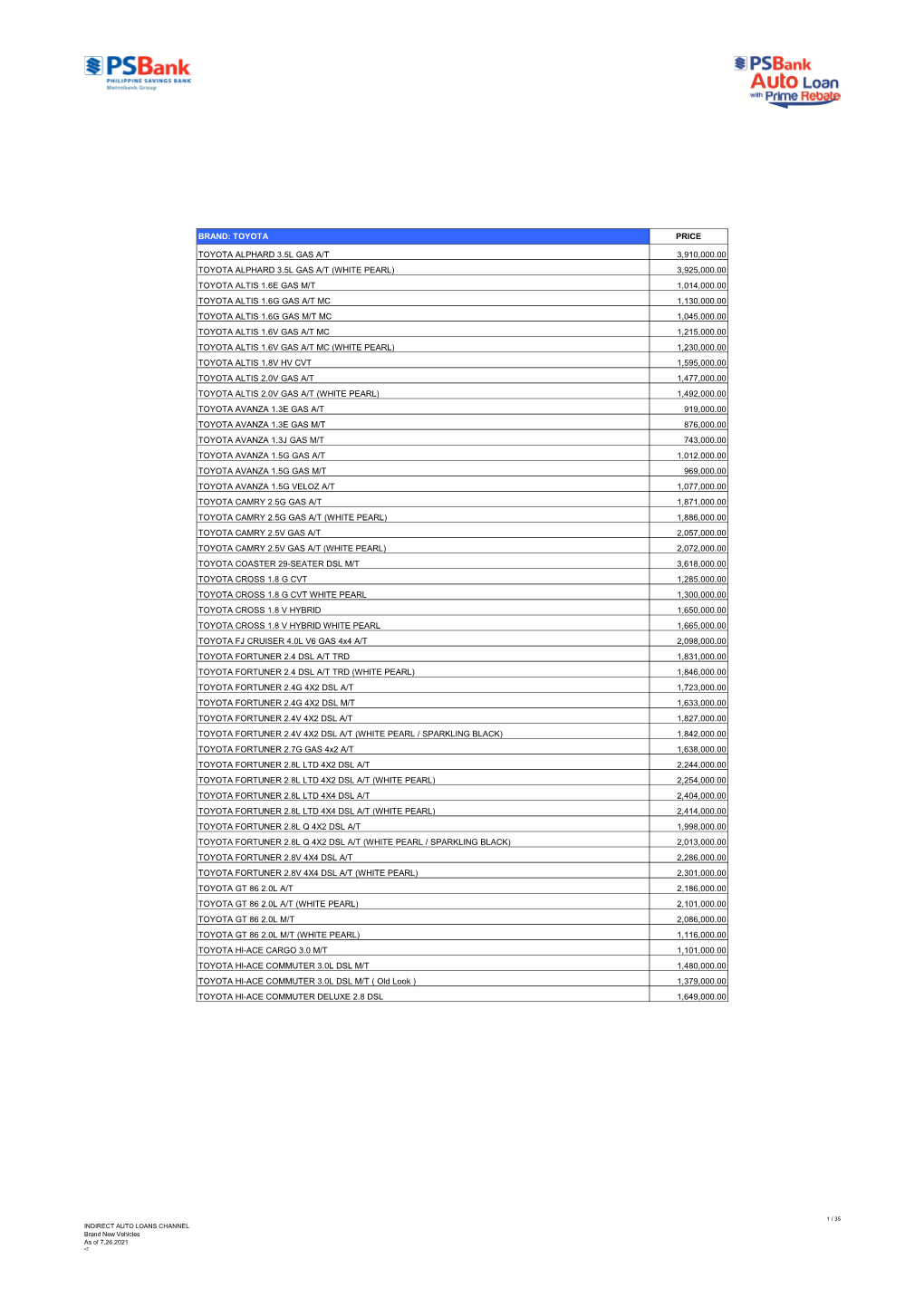 Auto Pricelist 2021 07 26 Foton And