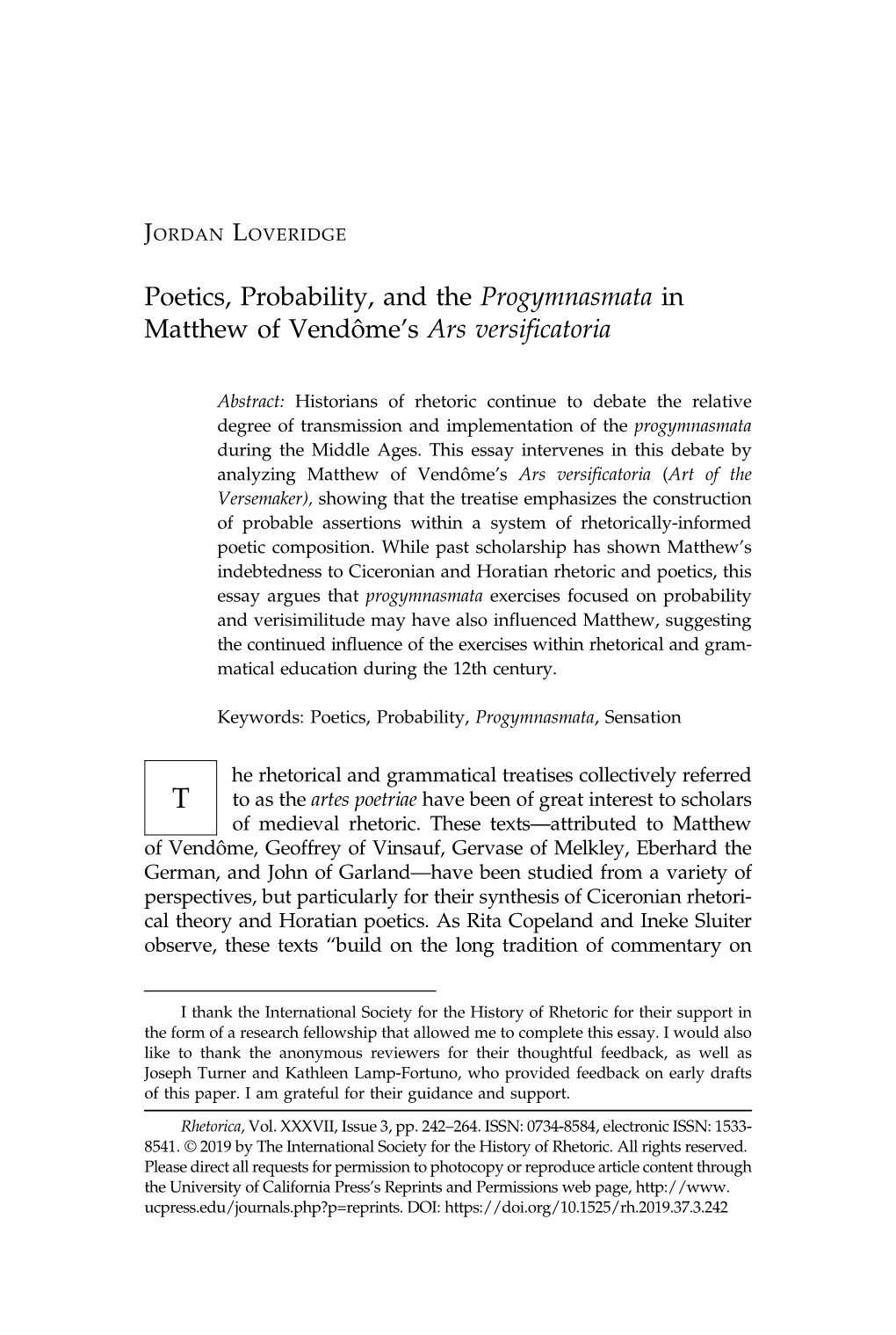 Poetics, Probability, and the Progymnasmata in Matthew of Vendôme’S Ars Versificatoria