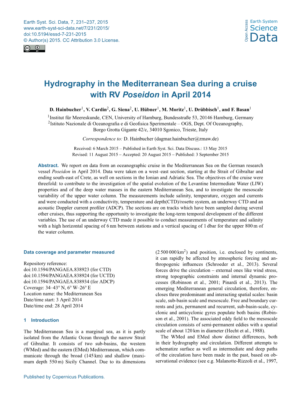 Hydrography in the Mediterranean Sea During a Cruise with RV Poseidon in April 2014