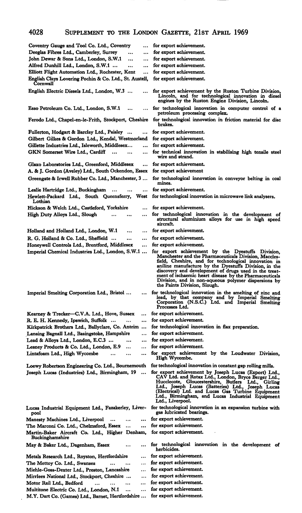 4028 SUPPLEMENT to the LONDON GAZETTE, 21St APRIL 1969