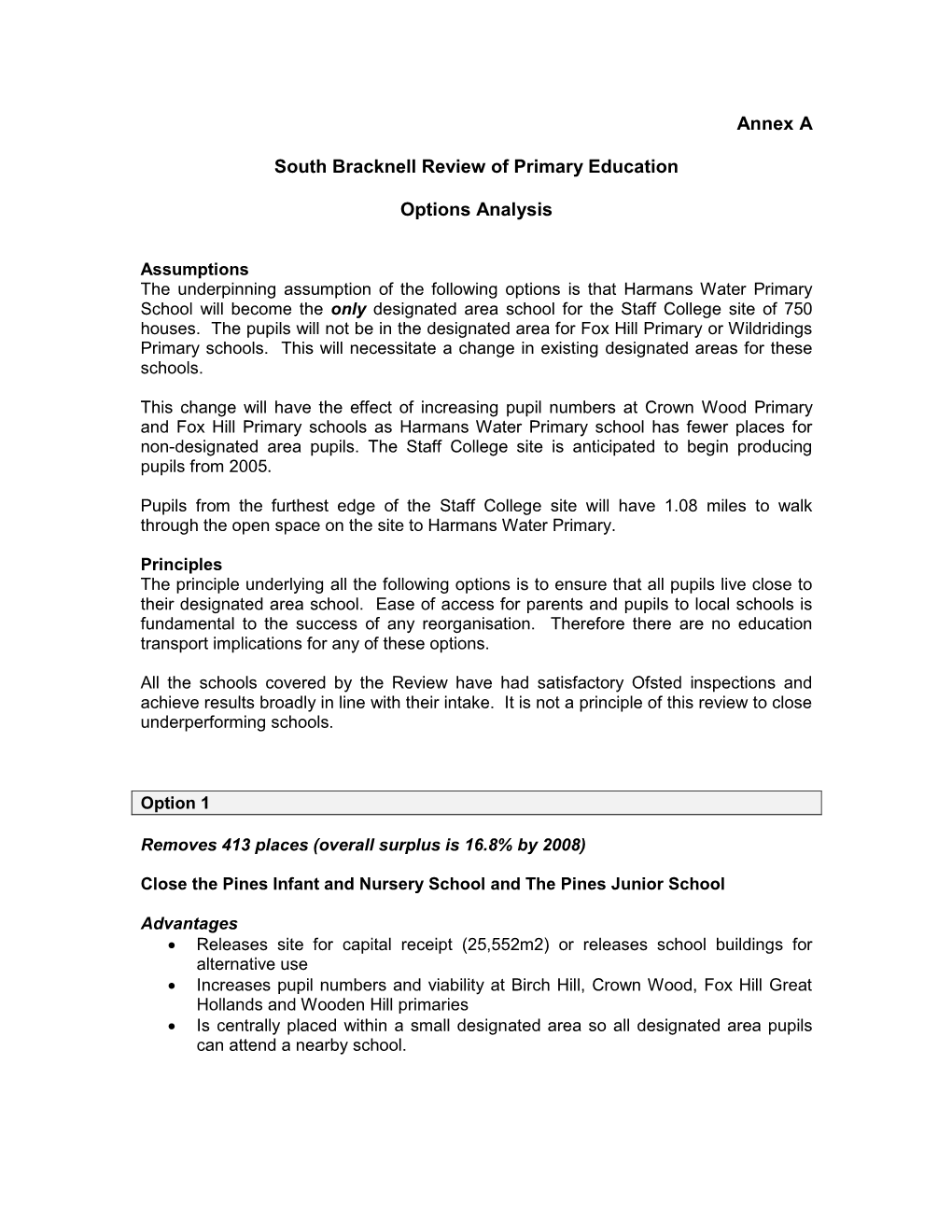 Annex a South Bracknell Review of Primary Education Options Analysis