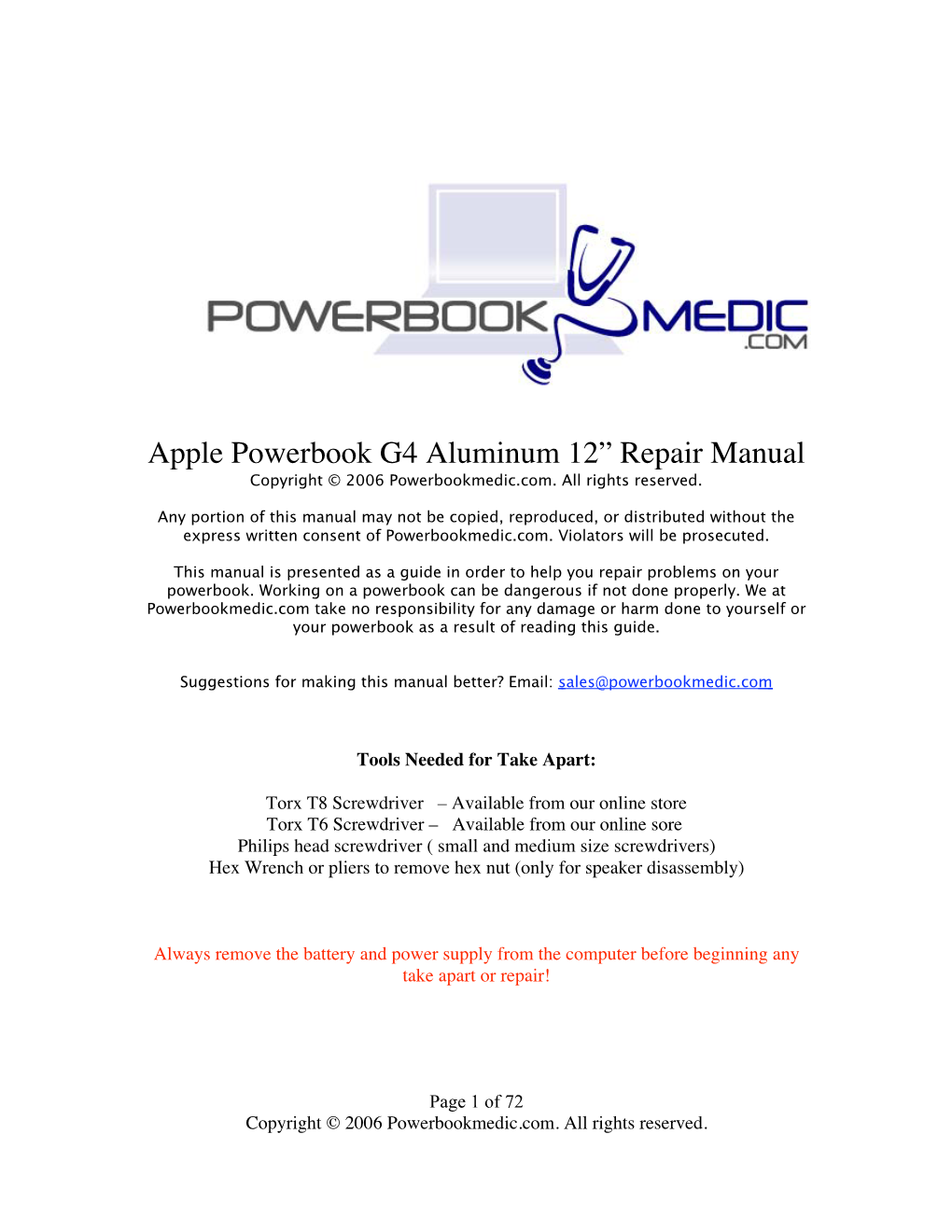 Apple Powerbook G4 Aluminum 12” Repair Manual Copyright © 2006 Powerbookmedic.Com