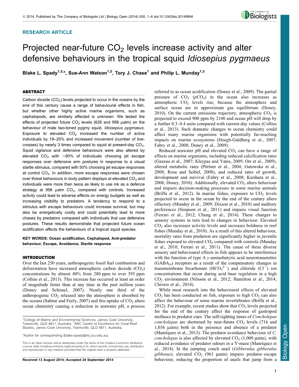 Projected Near-Future CO2 Levels Increase Activity and Alter Defensive Behaviours in the Tropical Squid Idiosepius Pygmaeus