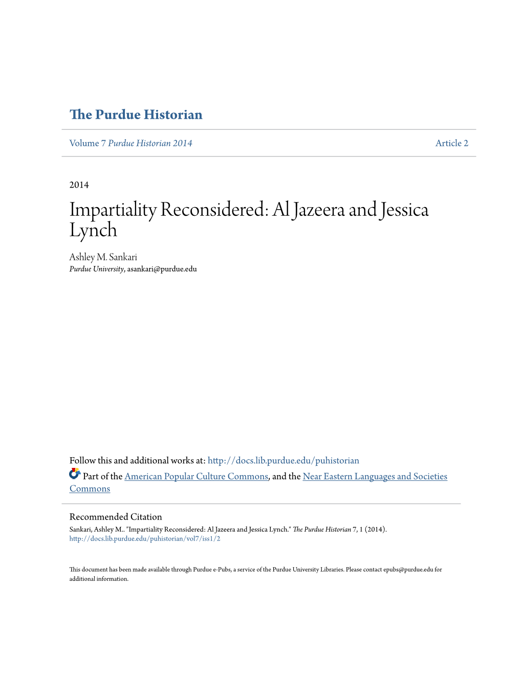 Impartiality Reconsidered: Al Jazeera and Jessica Lynch Ashley M