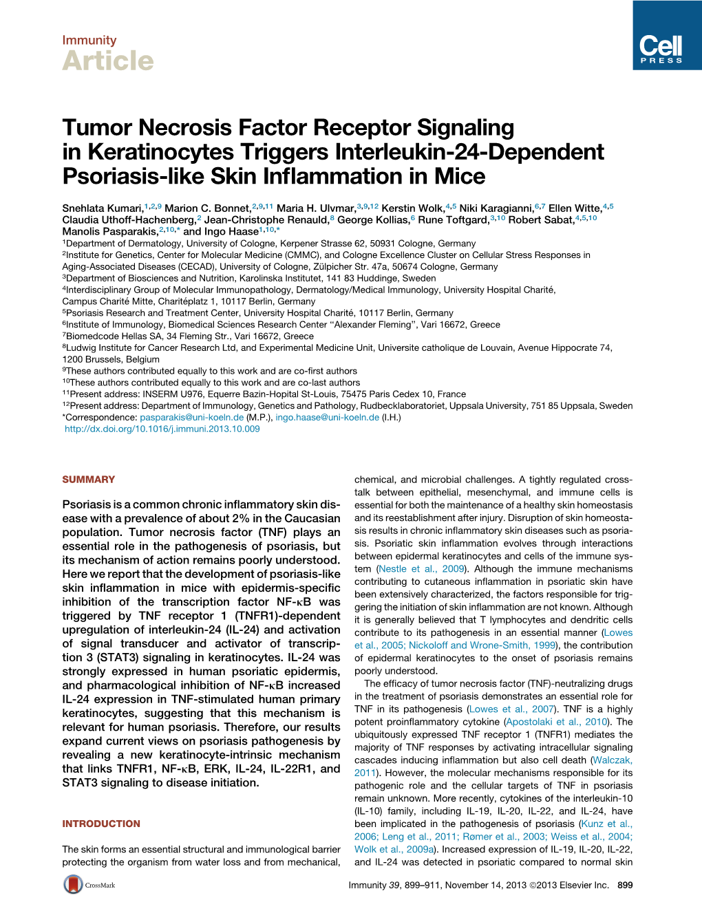 Tumor Necrosis Factor Receptor Signaling in Keratinocytes Triggers Interleukin-24-Dependent Psoriasis-Like Skin Inﬂammation in Mice