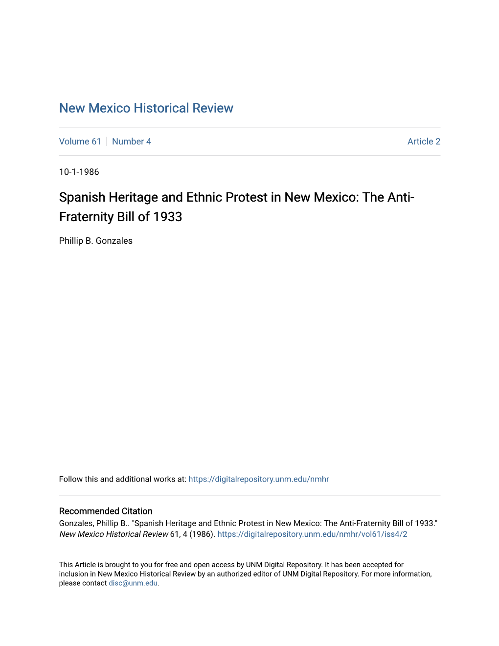 Spanish Heritage and Ethnic Protest in New Mexico: the Anti-Fraternity Bill of 1933.