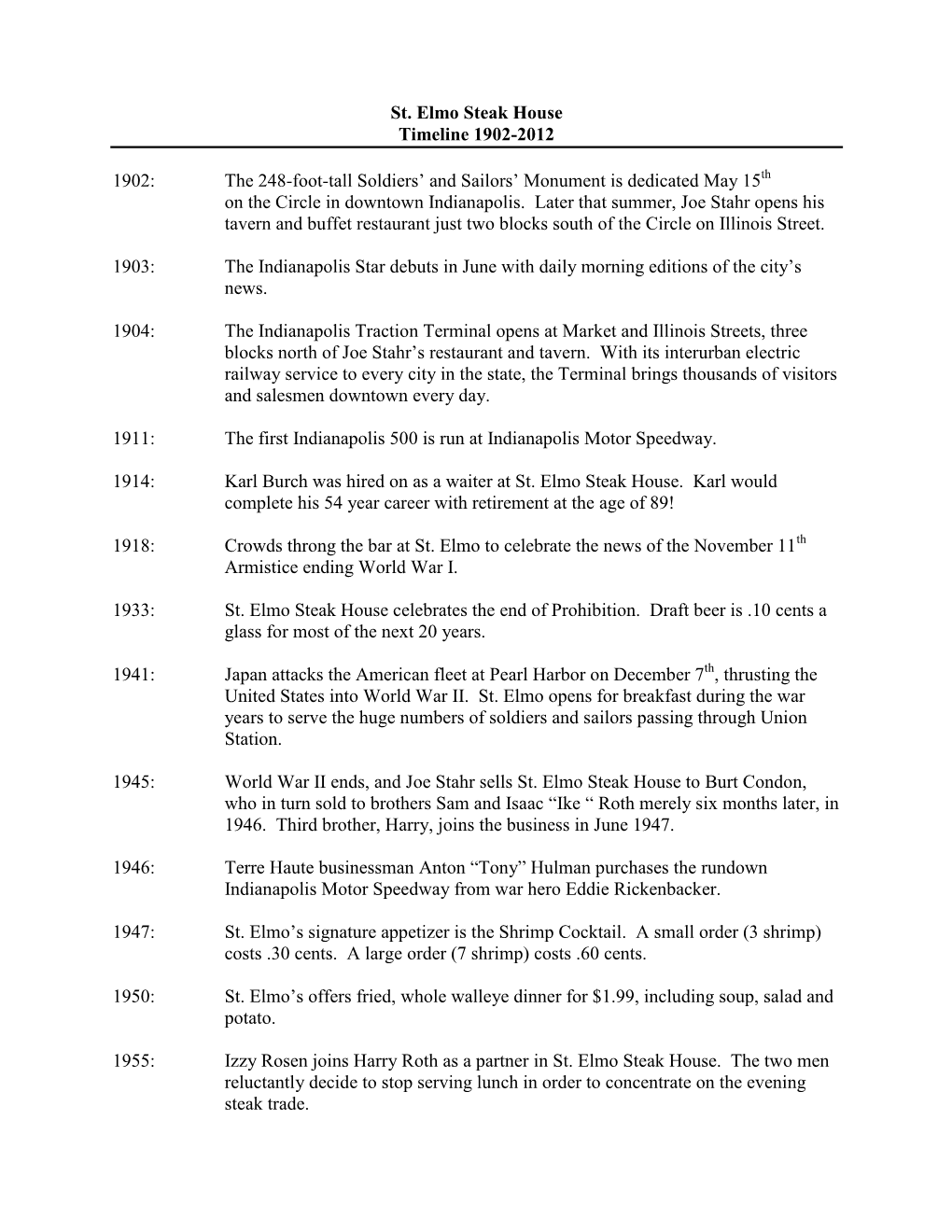 St. Elmo Steak House Timeline 1902-2012 1902