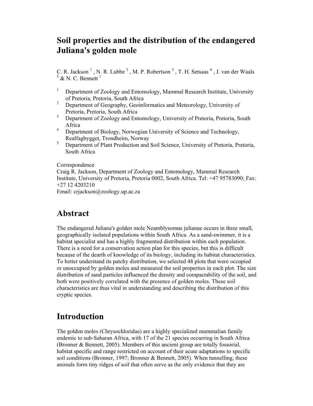 Soil Properties and the Distribution of the Endangered Juliana's Golden Mole