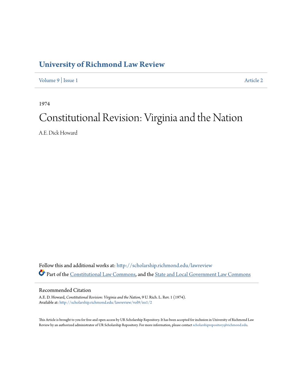 Constitutional Revision: Virginia and the Nation A.E