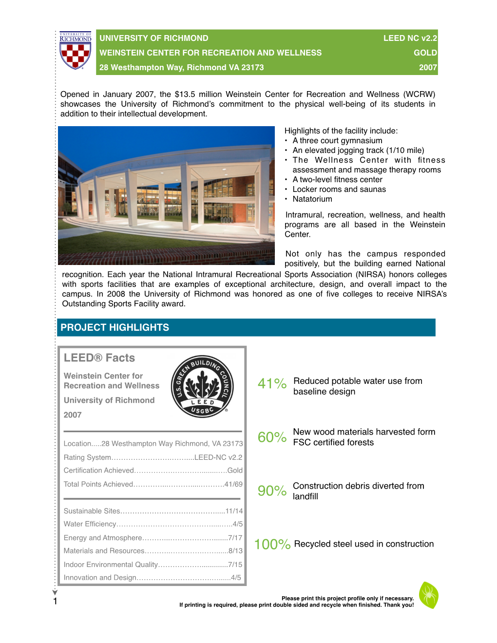 LEED Case Study Weinstien Center for Recreation and Wellness