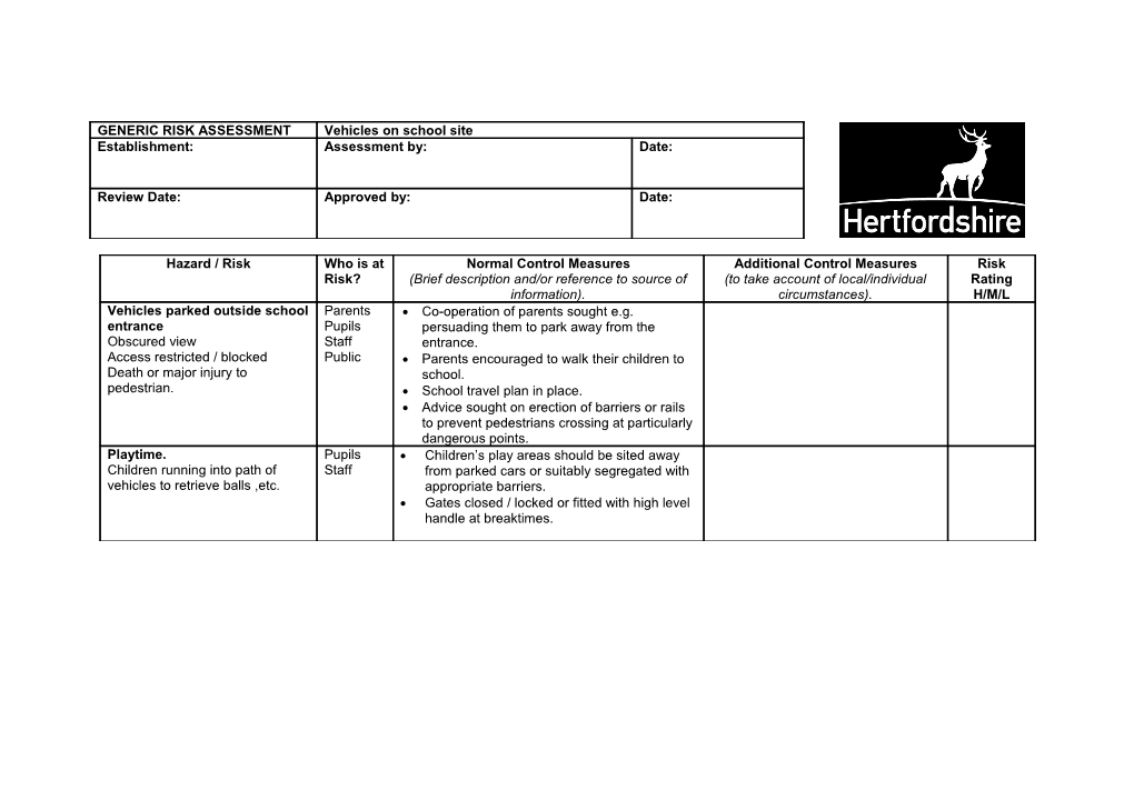 Vehicles on Site - Generic Risk Assessment