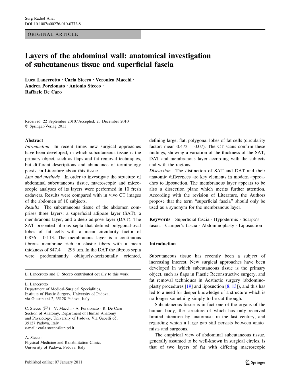 Anatomical Investigation of Subcutaneous Tissue and Superficial