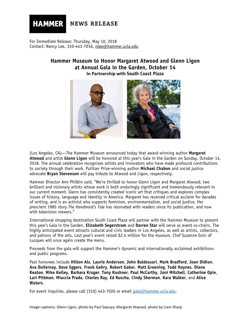 Hammer Museum to Honor Margaret Atwood and Glenn Ligon at Annual Gala in the Garden, October 14 in Partnership with South Coast Plaza