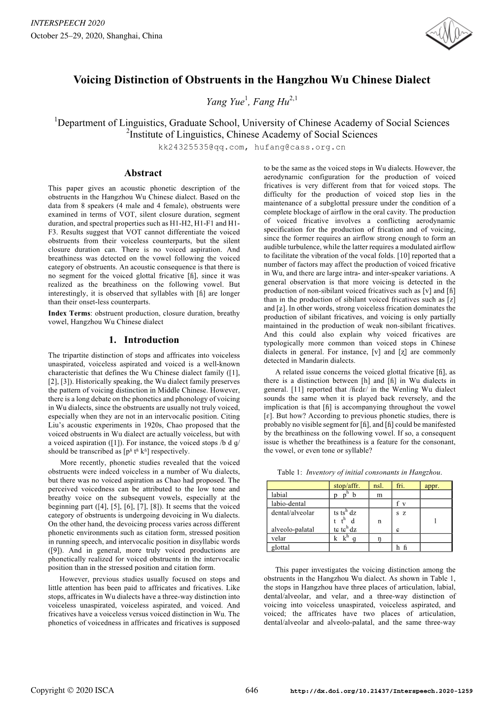 Voicing Distinction of Obstruents in the Hangzhou Wu Chinese Dialect