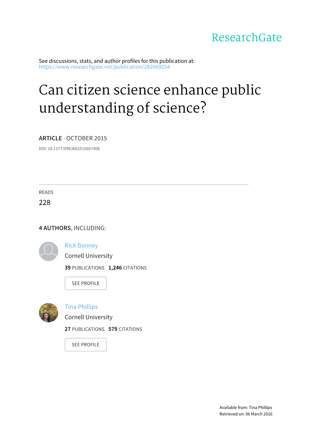 Can Citizen Science Enhance Public Understanding of Science?