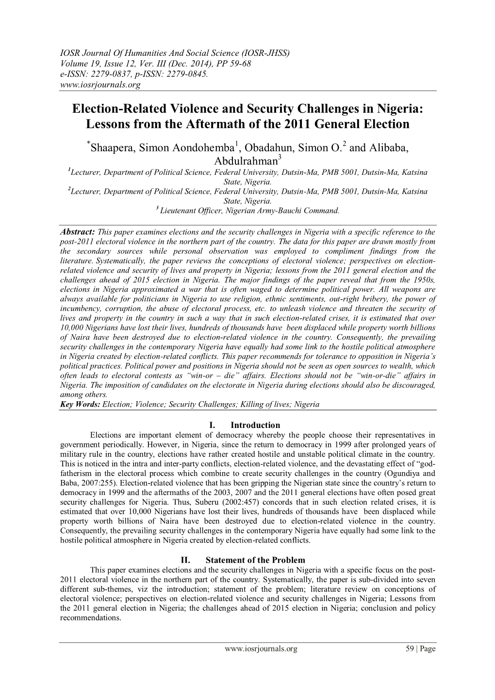 Election-Related Violence and Security Challenges in Nigeria: Lessons from the Aftermath of the 2011 General Election