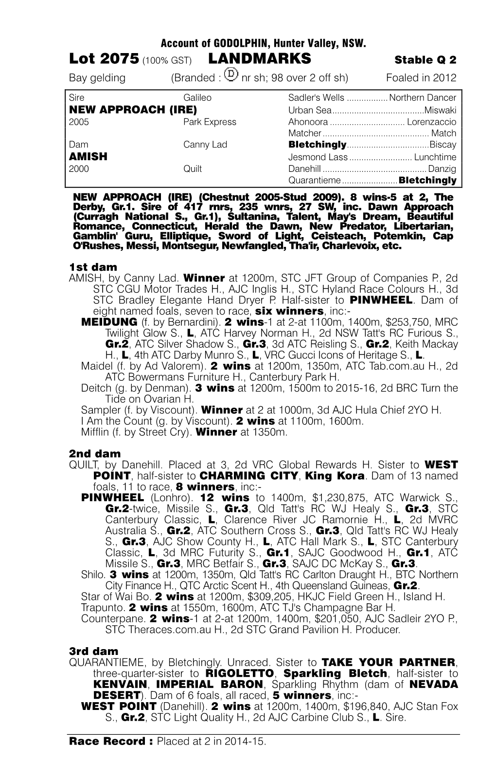 LANDMARKS Stable Q 2 Bay Gelding (Branded : Nr Sh; 98 Over 2 Off Sh) Foaled in 2012